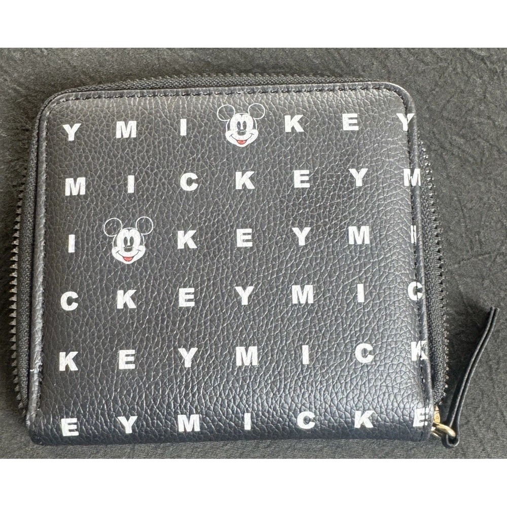 Disney Mickey Mouse Black Faux Leather Zip Around Wallet Coin Purse Spellout